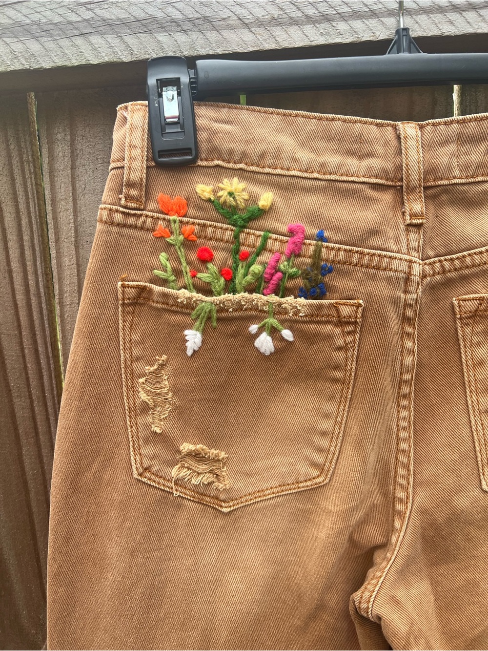 VERVET BY FLYING MONKEY Tan Cropped Jeans with Embroidered Floral Pocket
